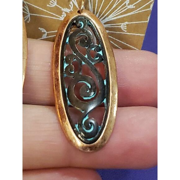Copper Tone Metal Dangle Earrings, Oval Shape with Antiqued Bronze Scrollwork - Picture 9 of 10